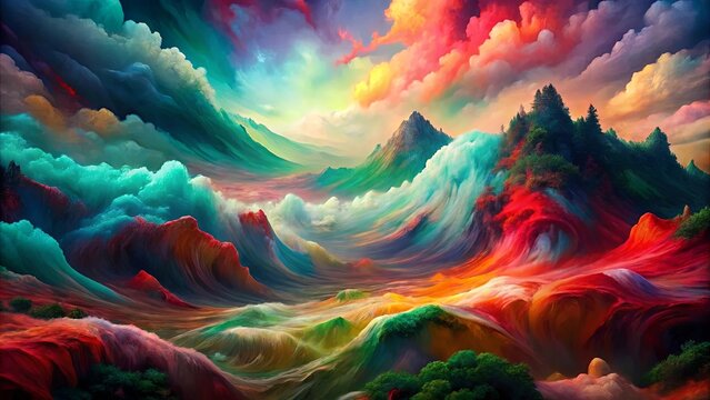 A symphony of vibrant colors paints a fantastical landscape, where rolling hills morph into ethereal clouds and verdant forests rise from a sea of swirling hues.