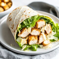 A delicious chicken caesar wrap with grilled chicken, romaine lettuce, parmesan cheese