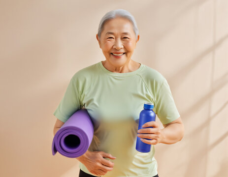 asian senior woman with bottle of water and yoga mat