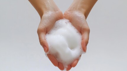 Hands washing gesture with foaming hand soap on white background