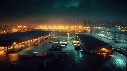 Fototapeta premium Aerial View of Illuminated Industrial Shipping Port at Night with Cargo Containers and Cranes Under Dramatic Sky