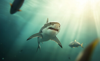 Great white shark swimming in clear blue ocean water, showcasing sharp teeth and surrounded by fish with sunlight above.