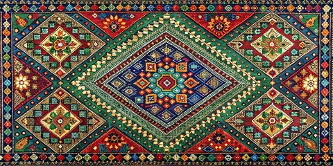 Intricate Tapestry of Geometric Shapes and Floral Motifs, Adorned with Metallic Accents and Vibrant Hues