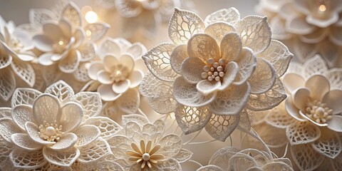 Delicate Lace Flowers with Glimmering Centers, a Close-up View of Intricate Patterns and Shimmering Details