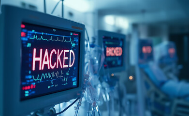 Close-up of a hacked medical monitor in a dark hospital environment, highlighting cybersecurity...