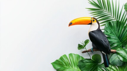 Fototapeta premium Toucan perched among vibrant tropical leaves, white background.