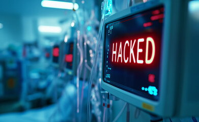 Close-up of a hacked medical monitor in a dark hospital environment, highlighting cybersecurity risks.
