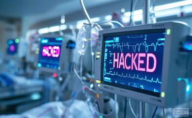 Close-up of a hacked medical monitor in a dark hospital environment, highlighting cybersecurity risks.