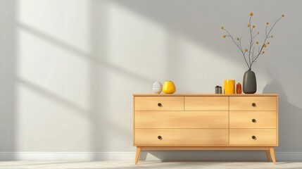 Wooden dresser with stickers and knick-knacks, reflecting a 90s aesthetic