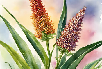 Fototapeta premium Watercolor painting of sorghum plant, showcasing its vibrant colors and intricate details, suitable for seed packaging or agricultural designs.