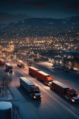 Nighttime Aerial View of Semi-Trucks Lined Up on Snowy Road with City Lights and Mountains in the Background
