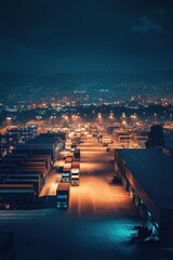 Nighttime Aerial View of a Bustling Industrial Shipping Yard with Illuminated Cityscape in the Background