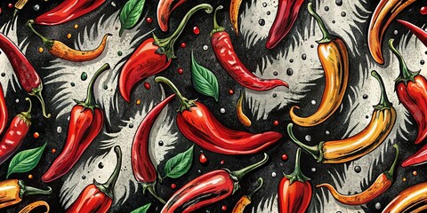 A vibrant pattern of red and yellow chili peppers with scattered peppercorns and green leaves on a dark textured background.