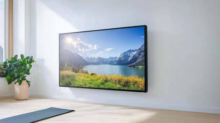 Fototapeta premium Modern wide screen tv on white wall in room with yoga mat