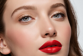 Close-up of a woman's face with bold red lipstick.