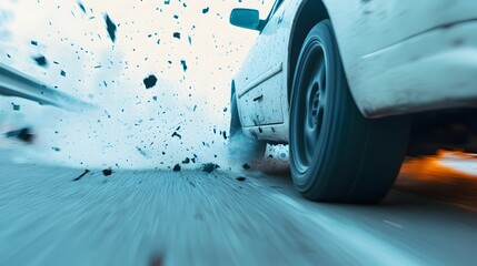 High speed car crash into highway divider with debris and vehicle parts exploding and flying off in a dramatic chaotic scene of destruction and intensity