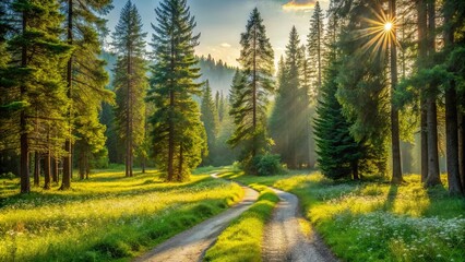 Fototapeta premium Golden Rays of Sunlight Filter Through a Canopy of Tall Evergreen Trees, Illuminating a Winding Path Through a Lush Meadow