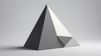 A geometric sculpture featuring a pyramid design in gray and white.