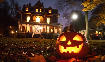  Halloween night with a glowy carving pumpkin in front of a haunted house 