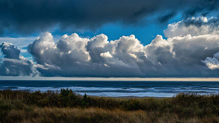 Obraz premium Dramatic storm clouds gathering over the ocean, intense weather, approaching storm