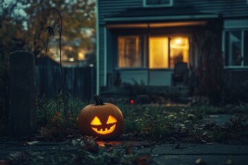 Obraz premium Halloween night with a glowy carving pumpkin in front of a haunted house 
