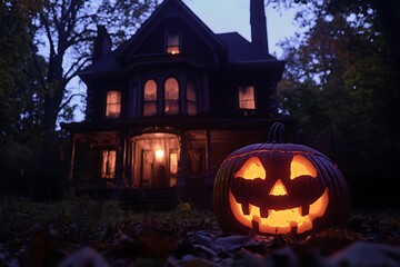 Obraz premium Halloween night with a glowy carving pumpkin in front of a haunted house 