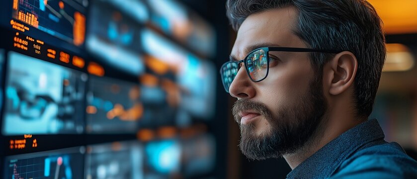 Technology and innovation are represented by a businessman looking at digital data on screens.