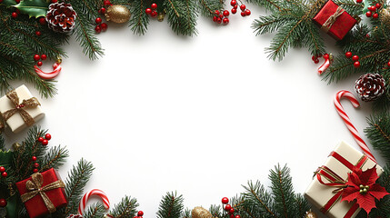 Christmas background with gifts, holly, and candy cane decorations on a white background with space for text or a message