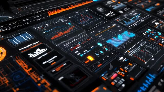 A futuristic dashboard displaying data analytics and visualizations.
