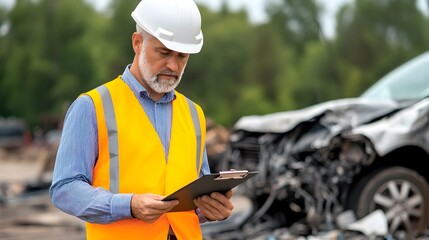 Insurance Agent Professionally Examining and Assessing Damaged Vehicle at the Scene of an Automobile Accident Clipboard in Hand for Report and Evaluation