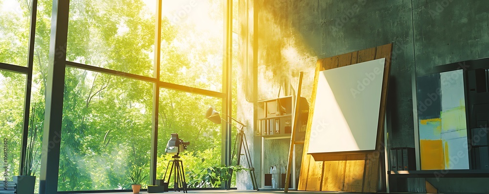 Poster a bright, artistic workspace with large windows and an empty canvas.