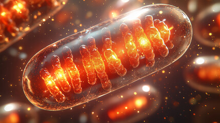 "ミトコンドリアの輝き：細胞の生命力を讃える暖かな色調のエネルギー生成"