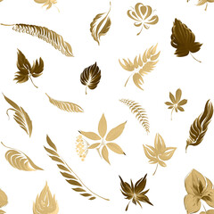 Golden autumn leaves on a white background, seamless pattern. Hand drawn gouache painting