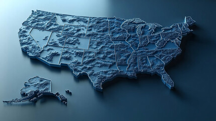 modern 3D illustration of the United States map, featuring bold colors, sharp edges, and elevated surfaces. Perfect for business, education, and geographic analysis, symbolizing unity, diversity, and 