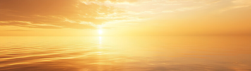 Golden sunset over a calm sea, clear weather, warm glow on the horizon