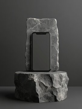 Mobile phone concept on a pedestal on a gray stone background. Concept mock-up template for advertising phone, new model, mobile applications with space for text