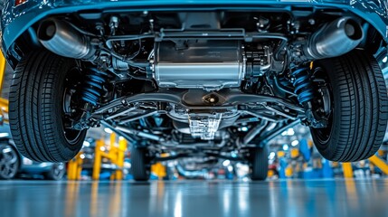 Fototapeta premium Auto mechanic view of bottom of the car rear differential axle wide angle rear suspension system and components of exhaust system in passenger city car all wheel drive system vehicle