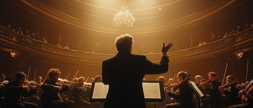 Cinematic Close-Up of a Conductor Leading a Symphony Orchestra While Musicians Play on Stage