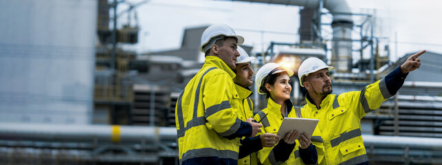 Male and female industrial engineers wearing hard hats talk to collaborate on new project. Team of...