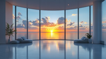 A contemporary bay window with smooth glass panels and a panoramic view, shown in vibrant detail on a white background.