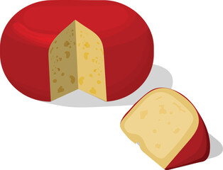 flat illustration of a red Dutch Gouda cheese with a slice. 