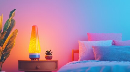 90s bedroom with a lava lamp on the nightstand, emphasizing a nostalgic vibe