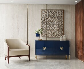 Entry hall featuring indigo sideboard and elegant bronze screen.