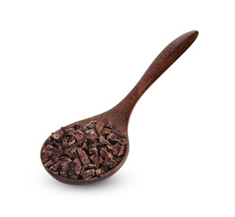 Cocoa nibs that are strong and have not undergone any processing other than roasting and shelling with a wooden spoon isolated on transparent background. (.PNG)