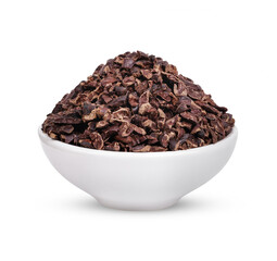 Cocoa nibs that are strong and have not undergone any processing other than roasting and shelling in a white cup isolated on transparent background. (.PNG)