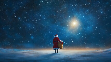Santa Carrying a Sack of Presents Across a Starry Sky, With a Bright Moon and Ample Dark Space Around for Christmas Wishes, Family Holiday Cards, or Marketing Copy