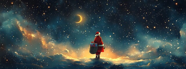 Obraz premium Santa Carrying a Sack of Presents Across a Starry Sky, With a Bright Moon and Ample Dark Space Around for Christmas Wishes, Family Holiday Cards, or Marketing Copy
