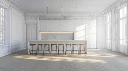 Naklejka premium Kitchen and dining island with high bar stools in a minimalistic modern luxury design of an expensive house on a sunny day white walls with plaster parquet decorative lighting and no one inside