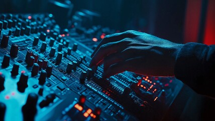 Obraz premium This is a close-up slide show of a sound producer's hand utilising a music mixer and editing equipment in a recording studio.