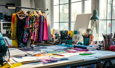 A vibrant workspace filled with colorful fabrics, art supplies, and creative tools.